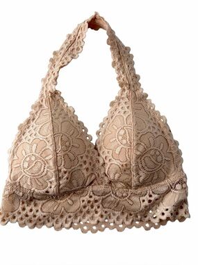 Aeropostale Beige Lace Bralette Removable Pads Halter Strap Coquette Size S